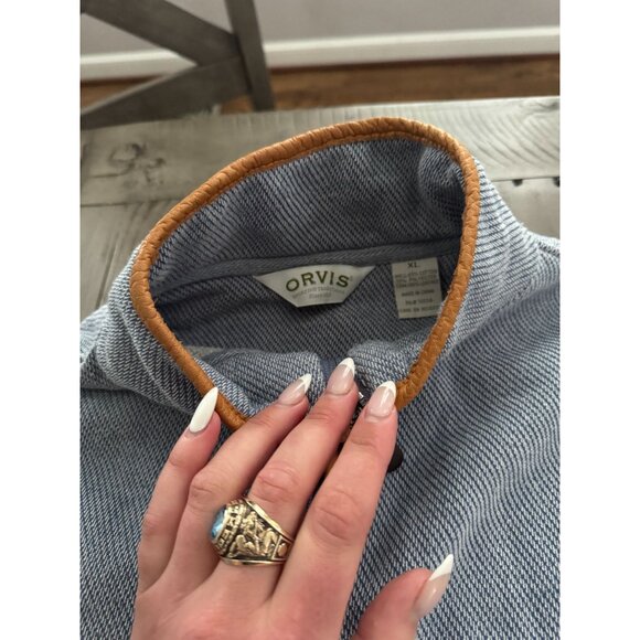 ORVIS Simoom 1/4 Zip Tweed Pullover Sweatshirt Sweater Leather Elbow Patch XL - Picture 3 of 4